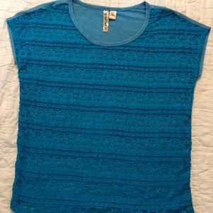 Short sleeve turquoise lace front round neckline